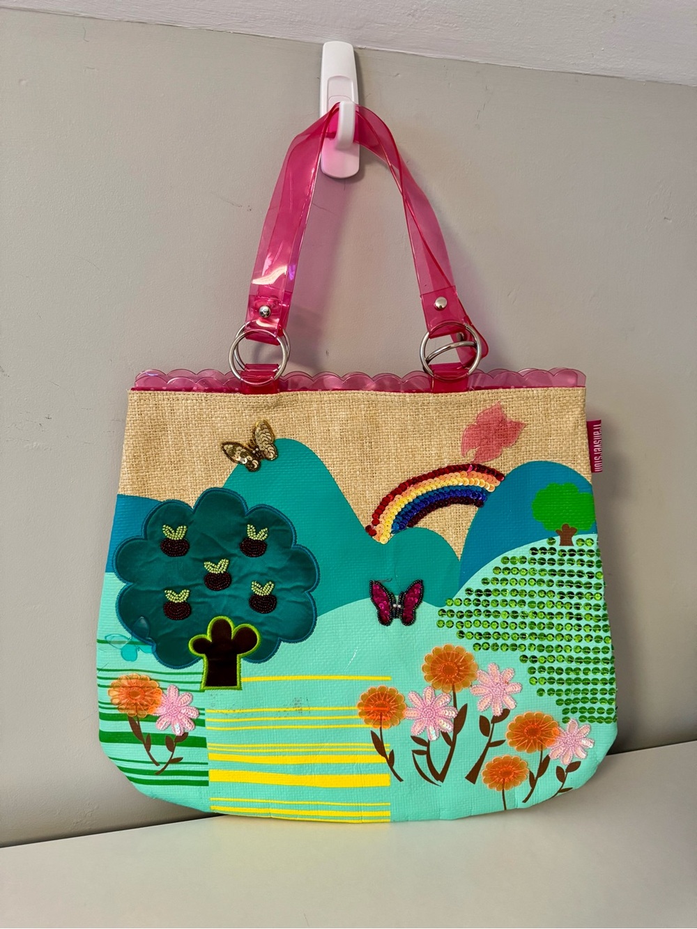 Transversion Whimsical Landscape Sequin & Applique Straw Tote Bag